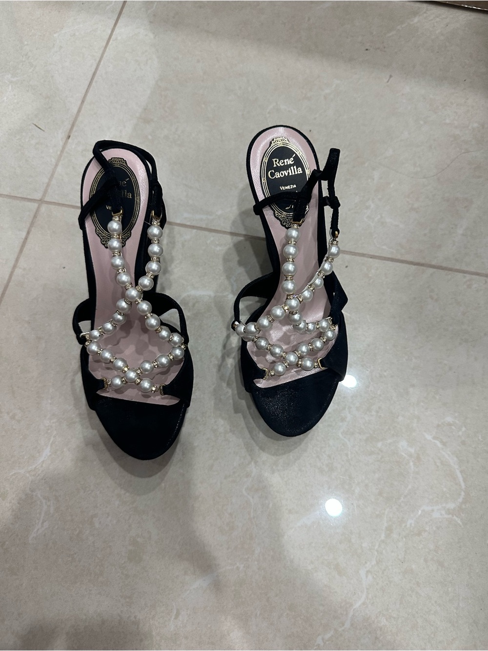 Rene Caovilla Black Sandals with Pearl-Strap Detail and Pink Insole